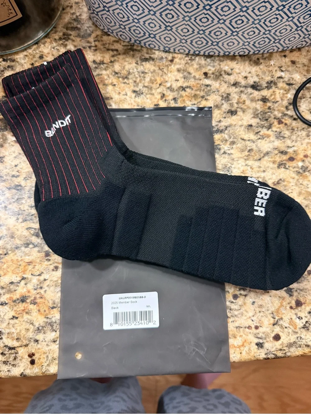 Bandit Running Black Athletic Crew Socks with Red Pinstripe
